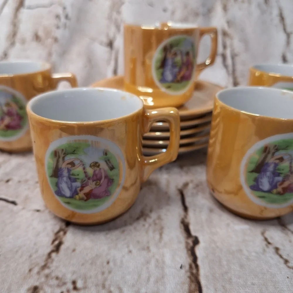 Vintage Japan Lusterware Demitasse Set 5 Cups Saucers Peach Iridescent Classical